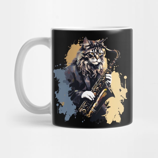 Maine Coon Cat Playing Saxophone by Graceful Designs